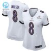 Lamar Jackson 8 Baltimore Ravens 2024 Divisional Patch Game Women Jersey White stylepulseusa 1 4