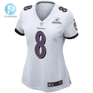 Lamar Jackson 8 Baltimore Ravens 2024 Divisional Patch Game Women Jersey White stylepulseusa 1 6