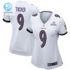 Justin Tucker 9 Baltimore Ravens 2024 Divisional Patch Game Women Jersey White stylepulseusa 1