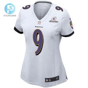 Justin Tucker 9 Baltimore Ravens 2024 Divisional Patch Game Women Jersey White stylepulseusa 1 2