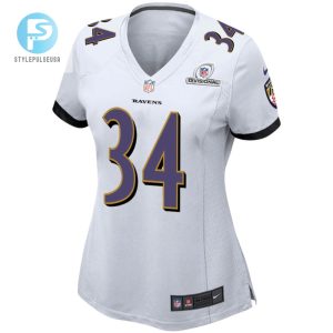 Keaton Mitchell 34 Baltimore Ravens 2024 Divisional Patch Game Women Jersey White stylepulseusa 1 2