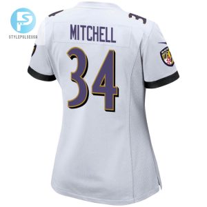 Keaton Mitchell 34 Baltimore Ravens 2024 Divisional Patch Game Women Jersey White stylepulseusa 1 3