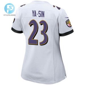 Rock Yasin 23 Baltimore Ravens 2024 Divisional Patch Game Women Jersey White stylepulseusa 1 3