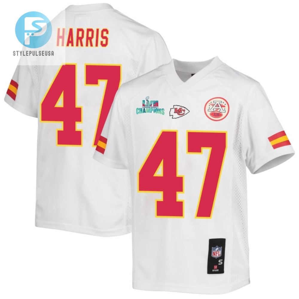 Darius Harris 47 Kansas City Chiefs Super Bowl Lvii Champions Youth Game Jersey White stylepulseusa 1