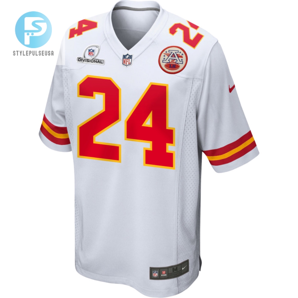 Skyy Moore 24 Kansas City Chiefs 2024 Divisional Patch Game Men Jersey  White 