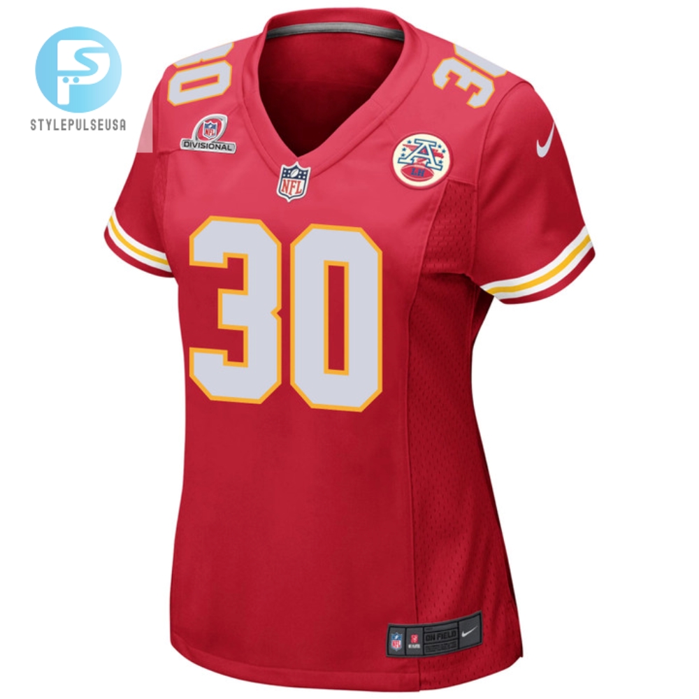 Keaontay Ingram 30 Kansas City Chiefs 2024 Divisional Patch Game Women Jersey  Red 