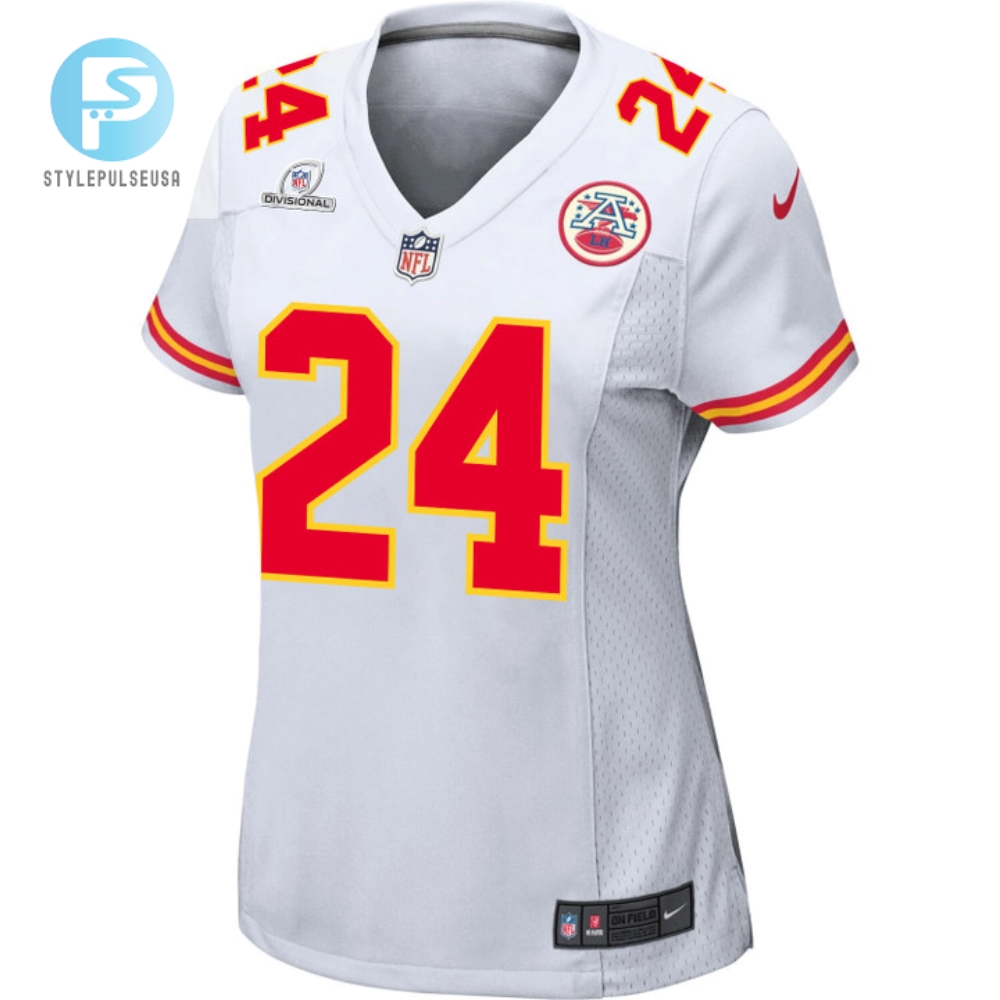 Skyy Moore 24 Kansas City Chiefs 2024 Divisional Patch Game Women Jersey  White 