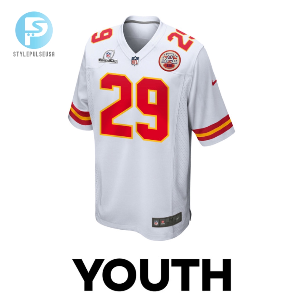 Lamical Perine 29 Kansas City Chiefs 2024 Divisional Patch Game Youth Jersey  White 