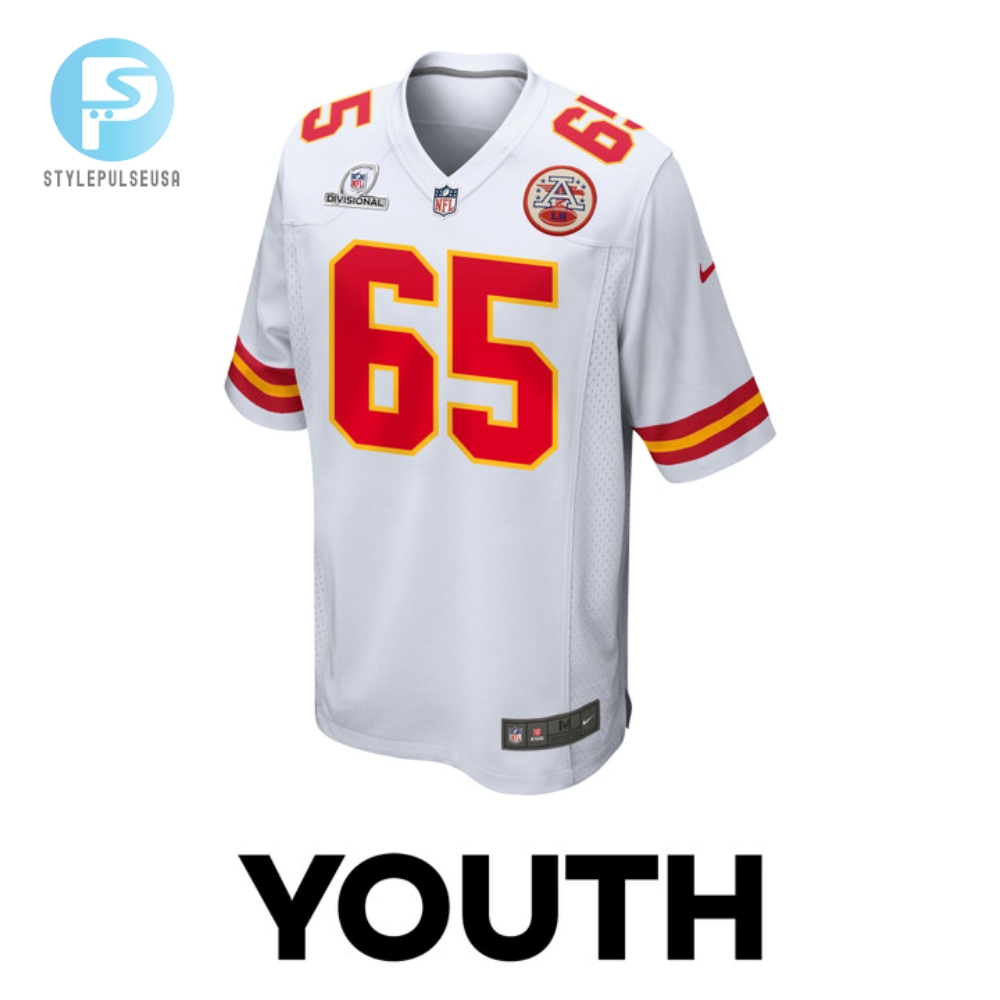 Trey Smith 65 Kansas City Chiefs 2024 Divisional Patch Game Youth Jersey  White 