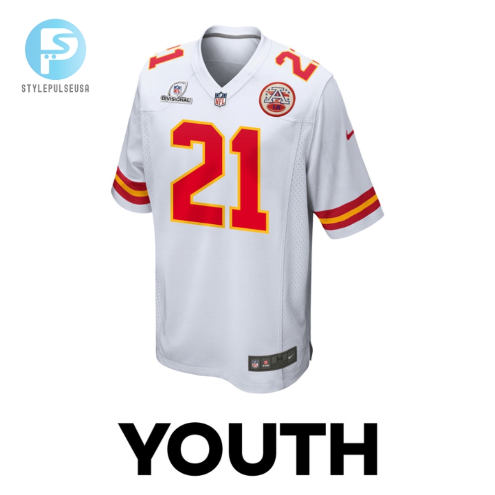 Mike Edwards 21 Kansas City Chiefs 2024 Divisional Patch Game Youth Jersey  White 