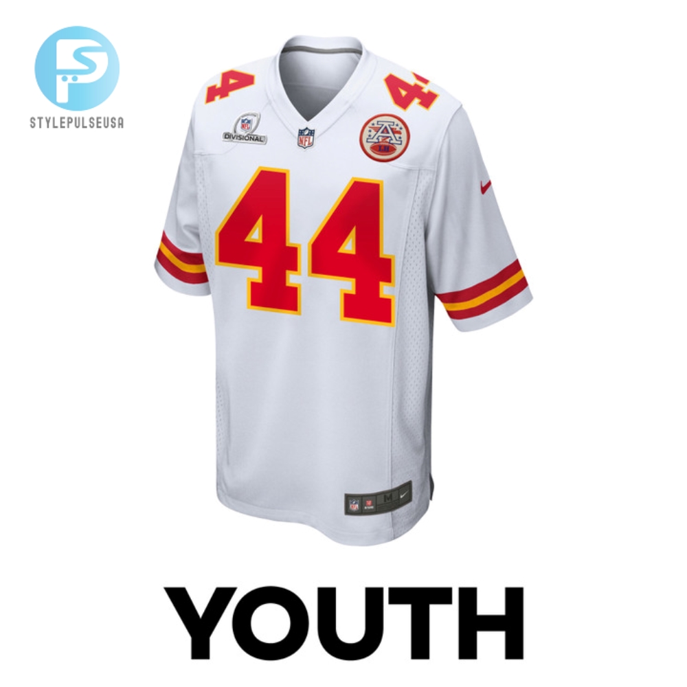 Cam Jones 44 Kansas City Chiefs 2024 Divisional Patch Game Youth Jersey  White 