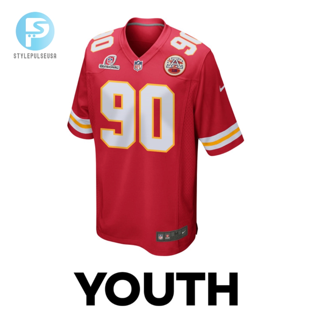 Charles Omenihu 90 Kansas City Chiefs 2024 Divisional Patch Game Youth Jersey  Red 