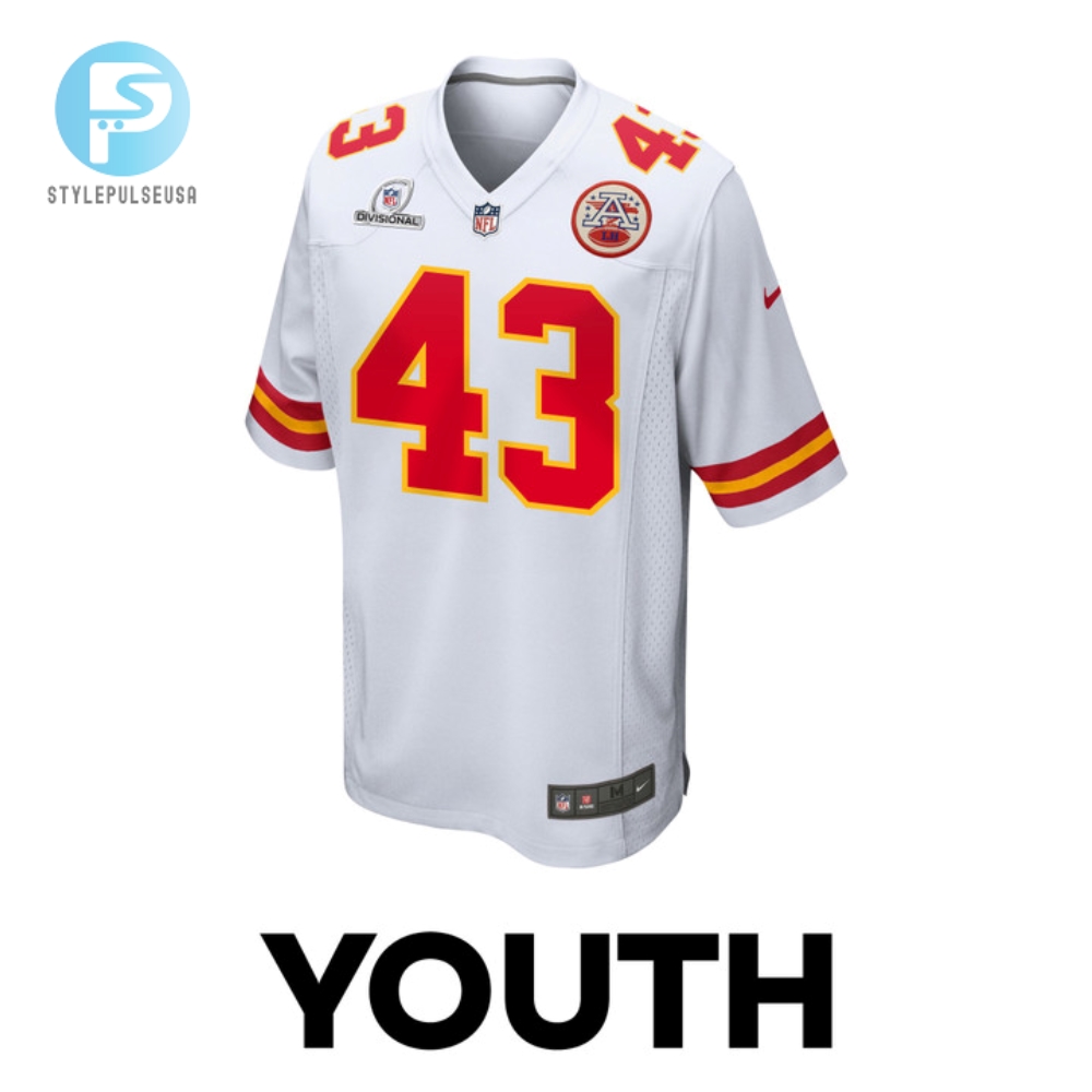 Jack Cochrane 43 Kansas City Chiefs 2024 Divisional Patch Game Youth Jersey  White 