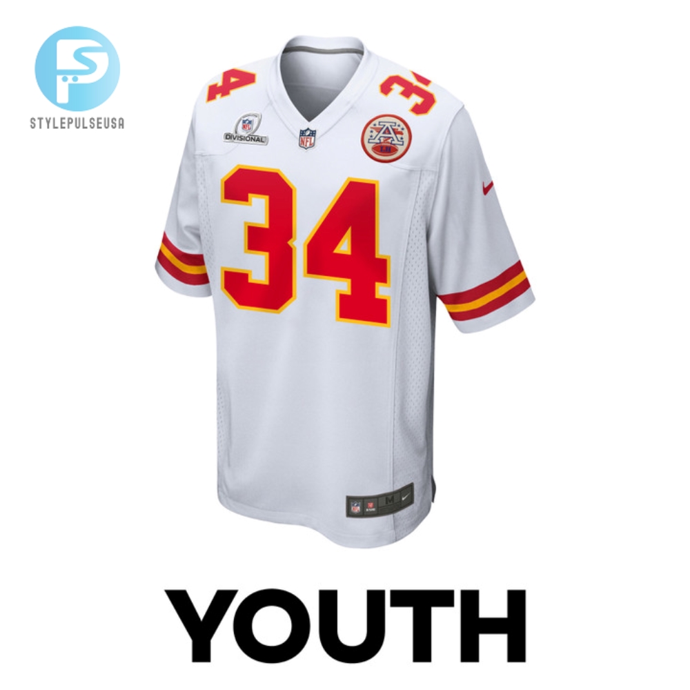 Deneric Prince 34 Kansas City Chiefs 2024 Divisional Patch Game Youth Jersey  White 