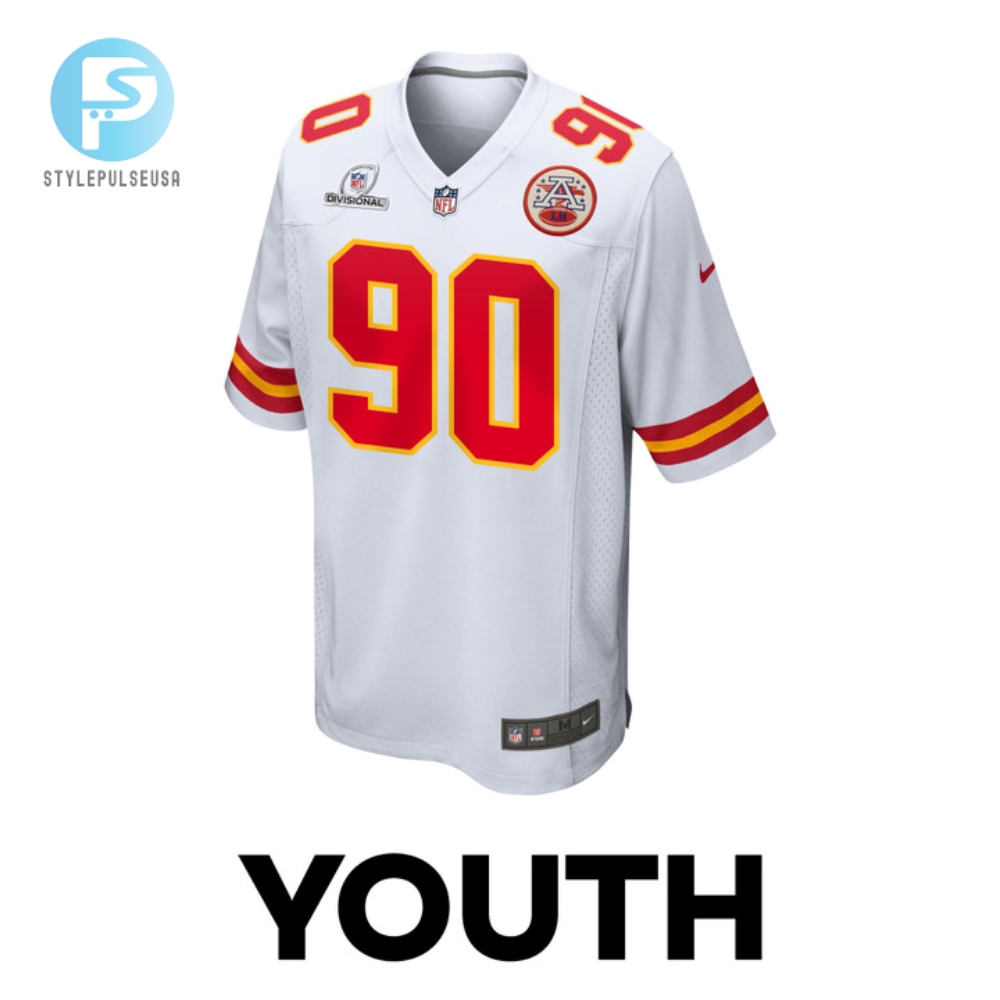 Charles Omenihu 90 Kansas City Chiefs 2024 Divisional Patch Game Youth Jersey  White 