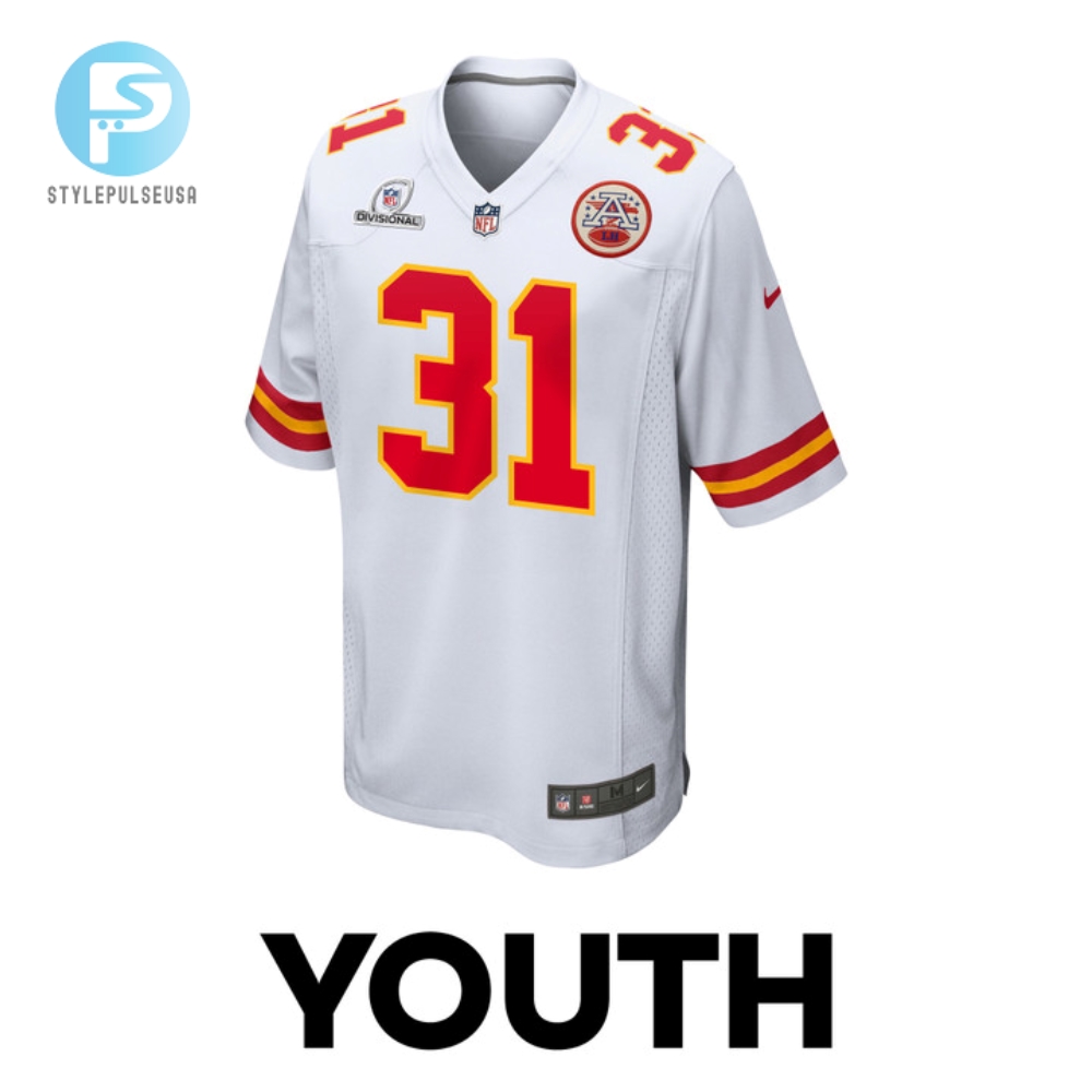 Nic Jones 31 Kansas City Chiefs 2024 Divisional Patch Game Youth Jersey  White 