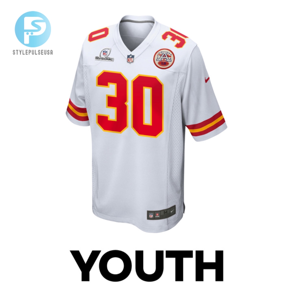 Keaontay Ingram 30 Kansas City Chiefs 2024 Divisional Patch Game Youth Jersey  White 