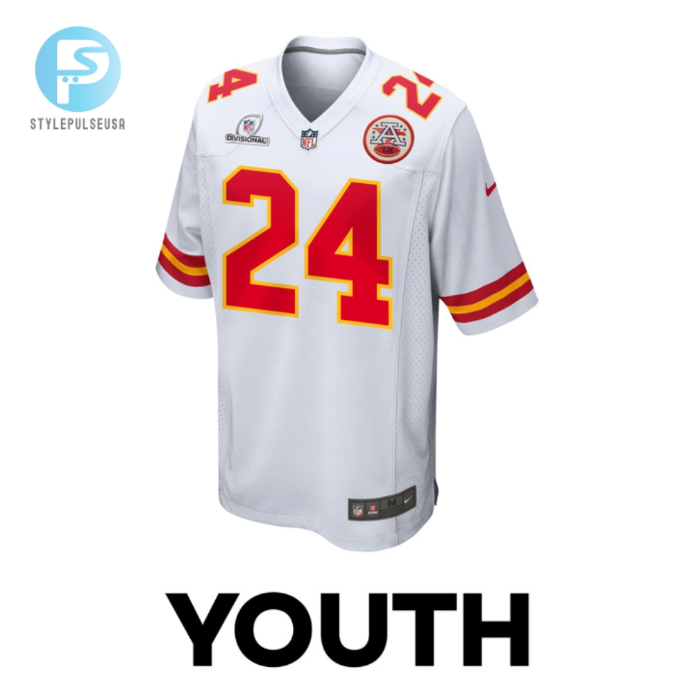 Skyy Moore 24 Kansas City Chiefs 2024 Divisional Patch Game Youth Jersey  White 