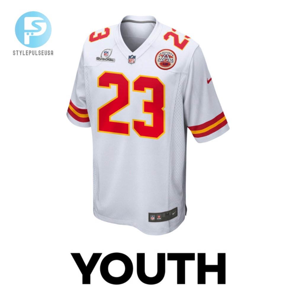 Drue Tranquill 23 Kansas City Chiefs 2024 Divisional Patch Game Youth Jersey  White 