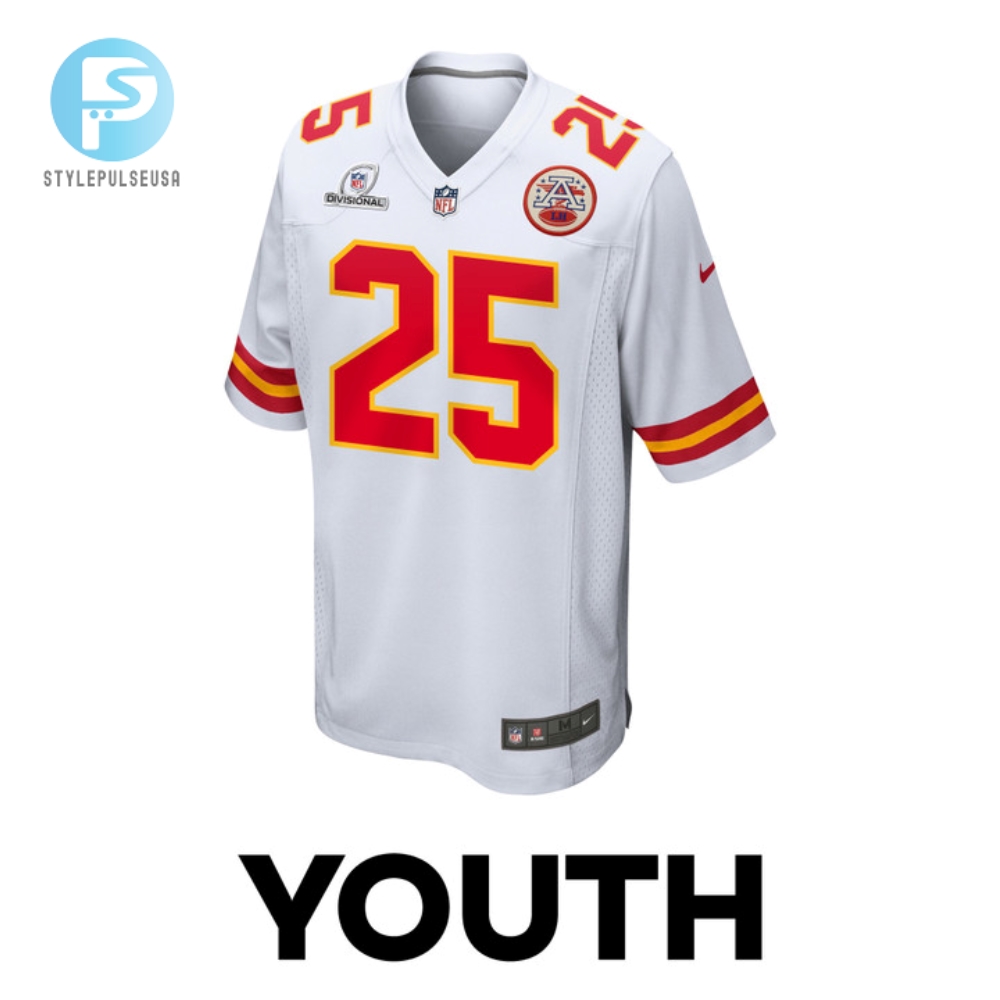 Clyde Edwardshelaire 25 Kansas City Chiefs 2024 Divisional Patch Game Youth Jersey  White 