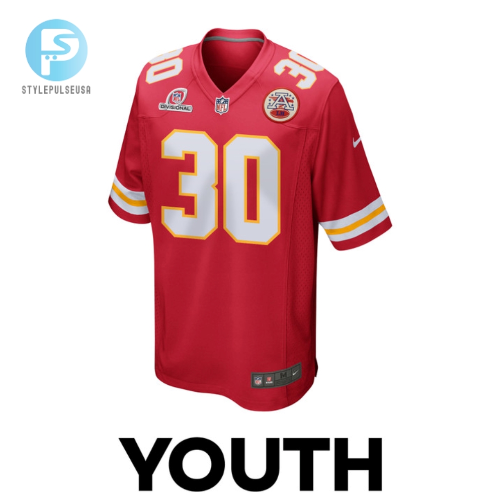 Keaontay Ingram 30 Kansas City Chiefs 2024 Divisional Patch Game Youth Jersey  Red 