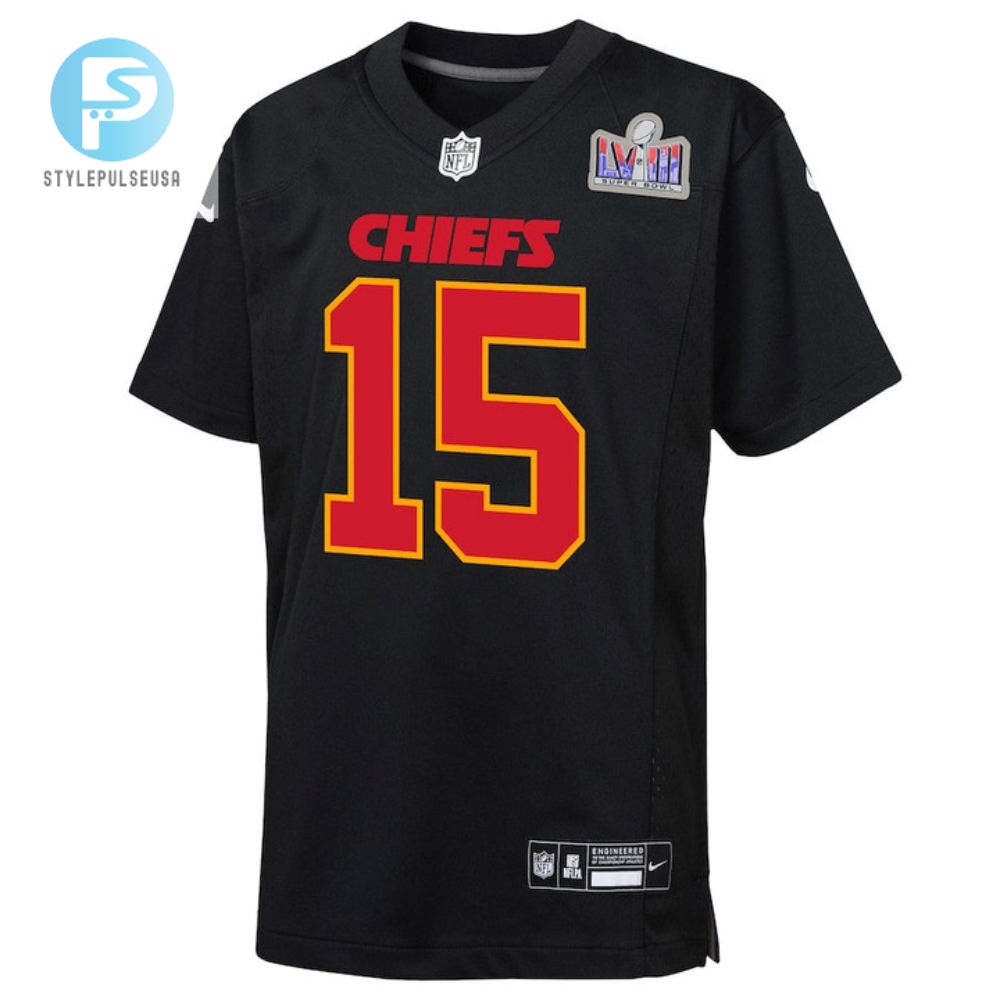 Patrick Mahomes 15 Kansas City Chiefs Super Bowl Lviii Patch Fashion Game Youth Jersey  Carbon Black 