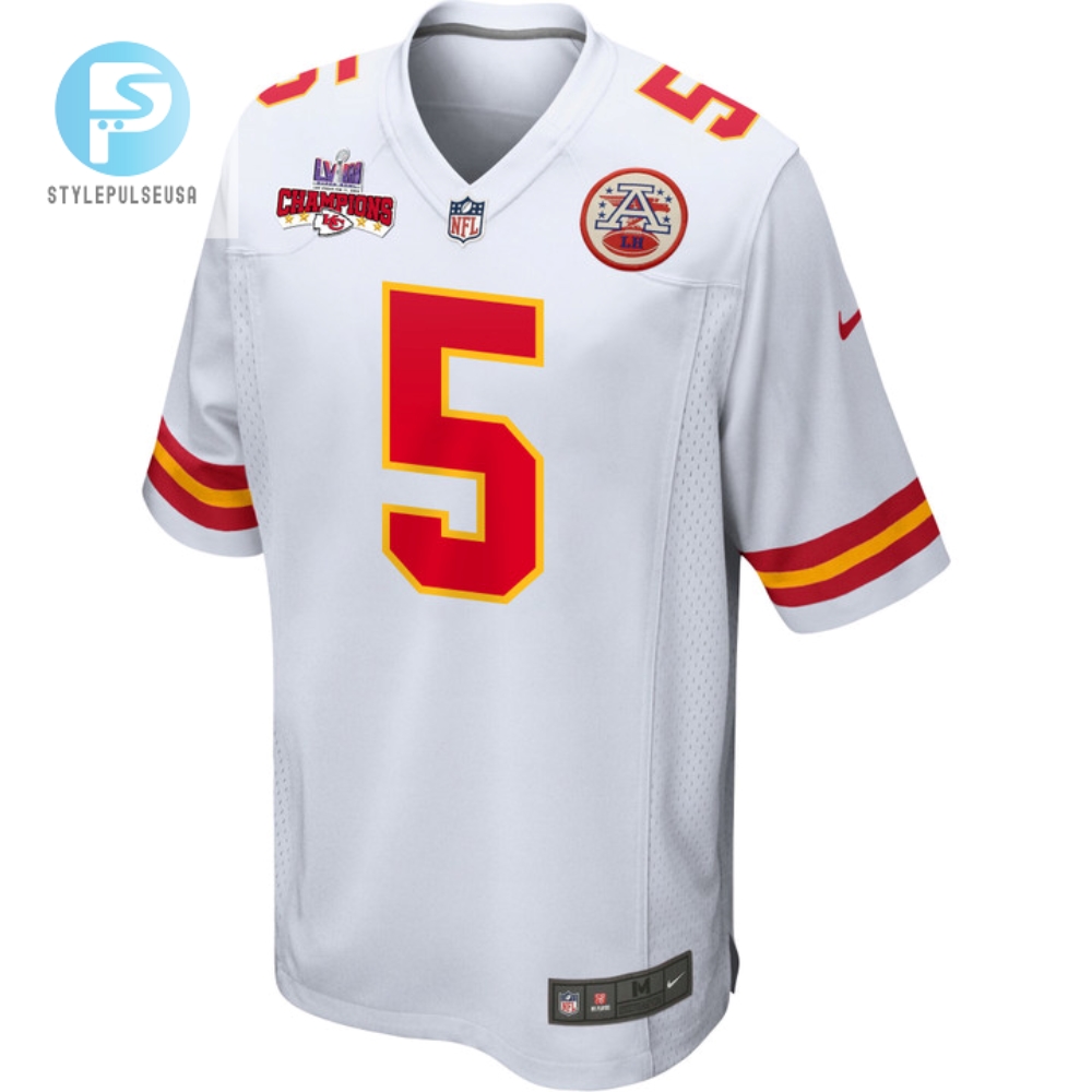 Tommy Townsend 5 Kansas City Chiefs Super Bowl Lviii Champions 4 Stars Patch Game Men Jersey  White 