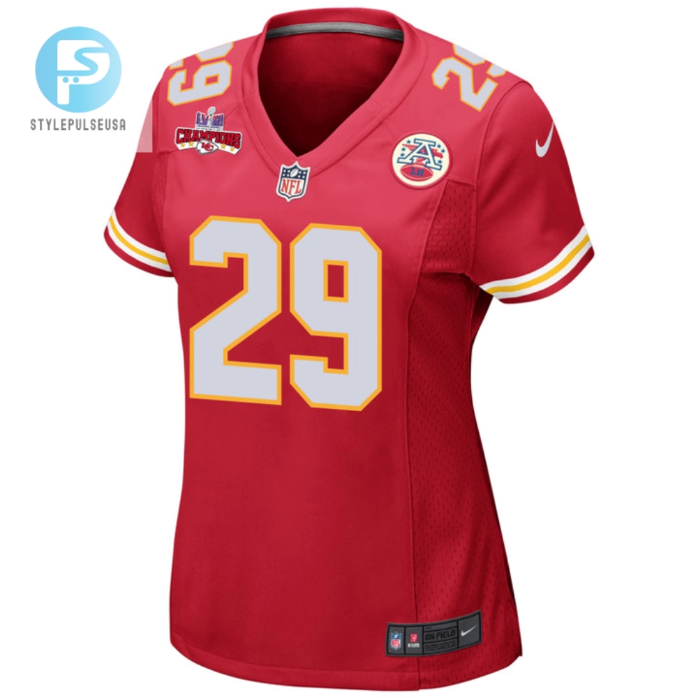 Lamical Perine 29 Kansas City Chiefs Super Bowl Lviii Champions 4 Stars Patch Game Women Jersey  Red 
