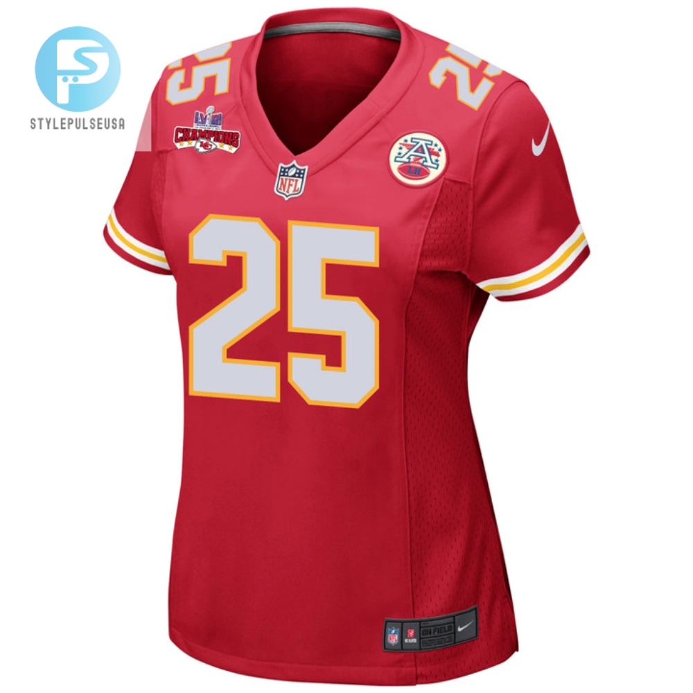 Clyde Edwardshelaire 25 Kansas City Chiefs Super Bowl Lviii Champions 4 Stars Patch Game Women Jersey  Red 