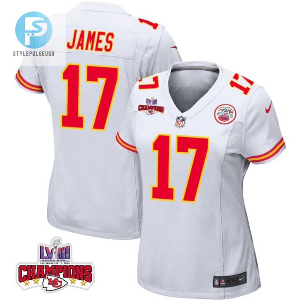 Richie James 17 Kansas City Chiefs Super Bowl Lviii Champions 4 Stars Patch Game Women Jersey White stylepulseusa 1