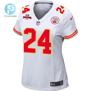 Skyy Moore 24 Kansas City Chiefs Super Bowl Lviii Champions 4 Stars Patch Game Women Jersey White stylepulseusa 1 1