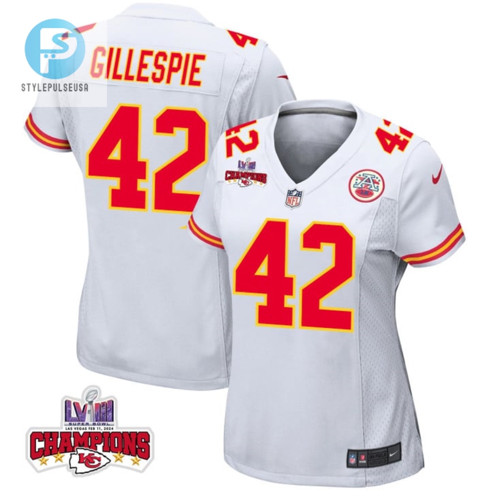 Tyree Gillespie 42 Kansas City Chiefs Super Bowl Lviii Champions 4 Stars Patch Game Women Jersey White stylepulseusa 1