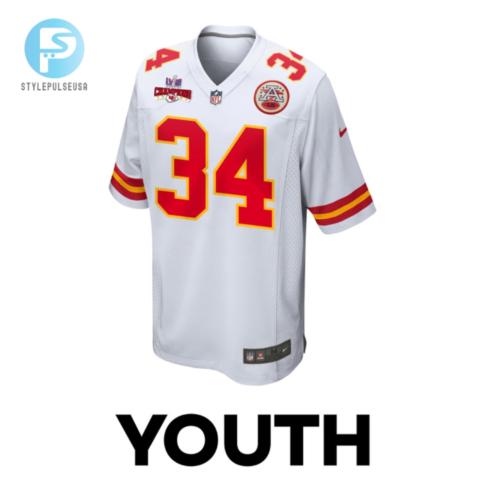 Deneric Prince 34 Kansas City Chiefs Super Bowl Lviii Champions 4 Stars Patch Game Youth Jersey  White 