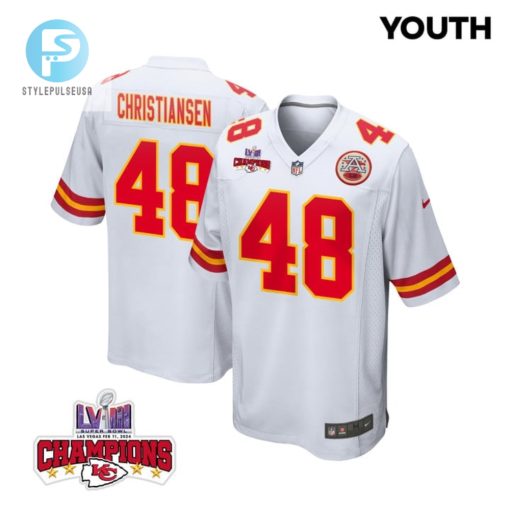 Cole Christiansen 48 Kansas City Chiefs Super Bowl Lviii Champions 4 Stars Patch Game Youth Jersey White stylepulseusa 1