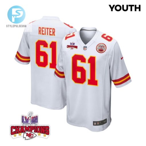 Austin Reiter 61 Kansas City Chiefs Super Bowl Lviii Champions 4 Stars Patch Game Youth Jersey White stylepulseusa 1