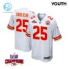 Clyde Edwardshelaire 25 Kansas City Chiefs Super Bowl Lviii Champions 4 Stars Patch Game Youth Jersey White stylepulseusa 1