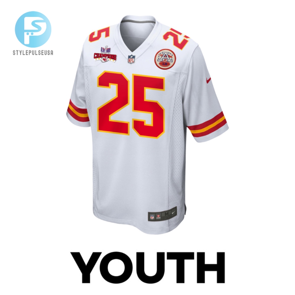 Clyde Edwardshelaire 25 Kansas City Chiefs Super Bowl Lviii Champions 4 Stars Patch Game Youth Jersey  White 