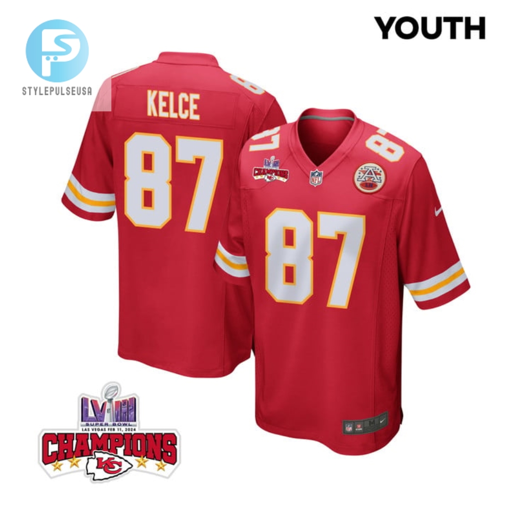 Travis Kelce 87 Kansas City Chiefs Super Bowl Lviii Champions 4 Stars Patch Game Youth Jersey Red stylepulseusa 1