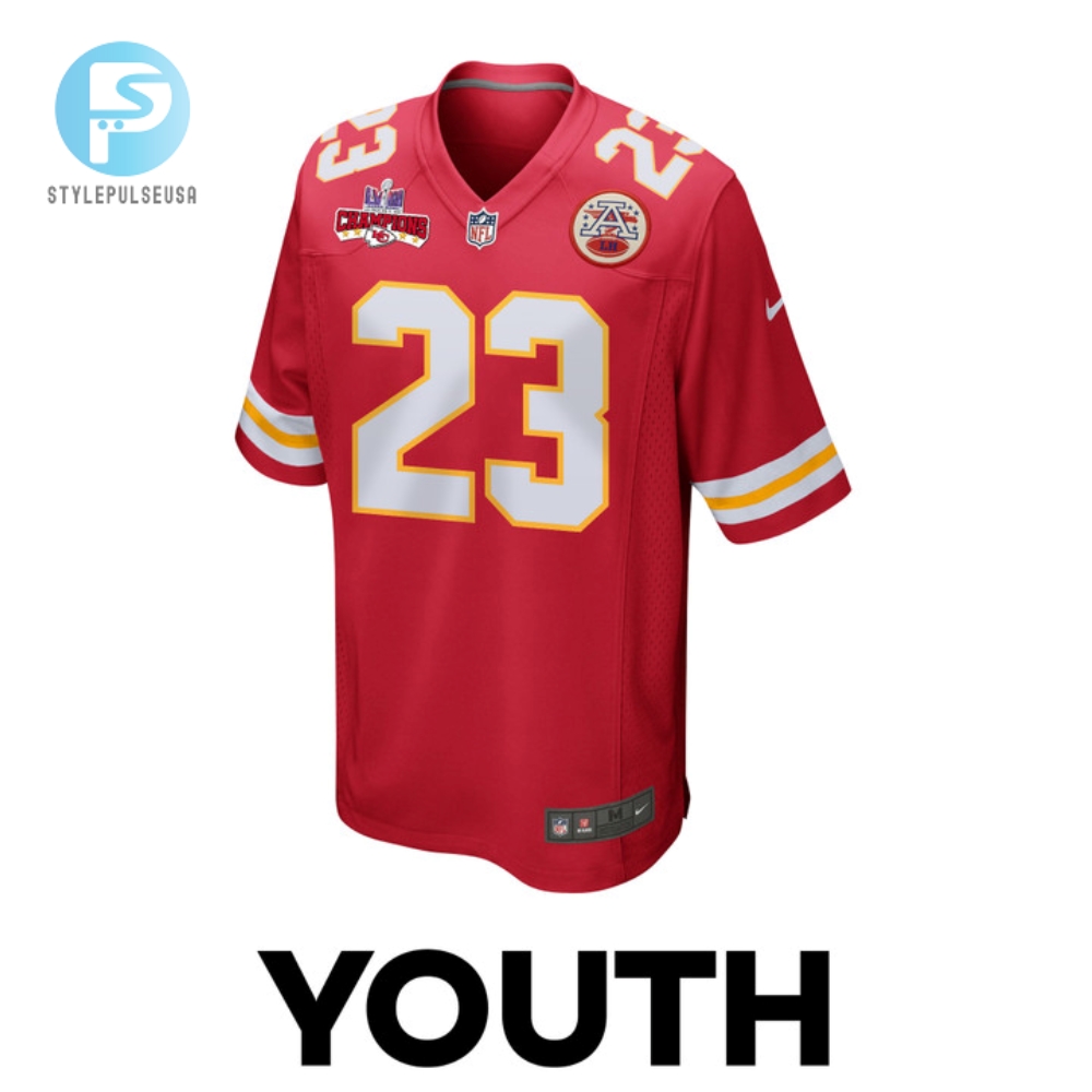 Drue Tranquill 23 Kansas City Chiefs Super Bowl Lviii Champions 4 Stars Patch Game Youth Jersey  Red 
