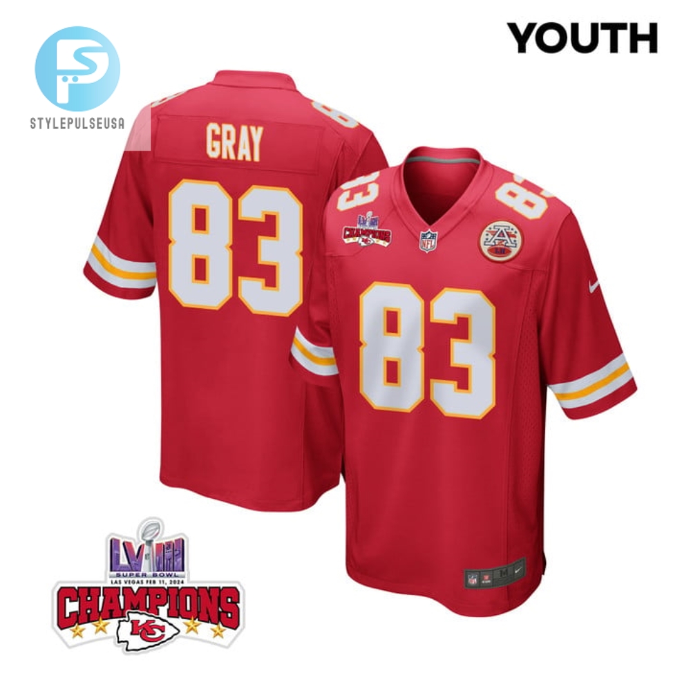 Noah Gray 83 Kansas City Chiefs Super Bowl Lviii Champions 4 Stars Patch Game Youth Jersey Red stylepulseusa 1