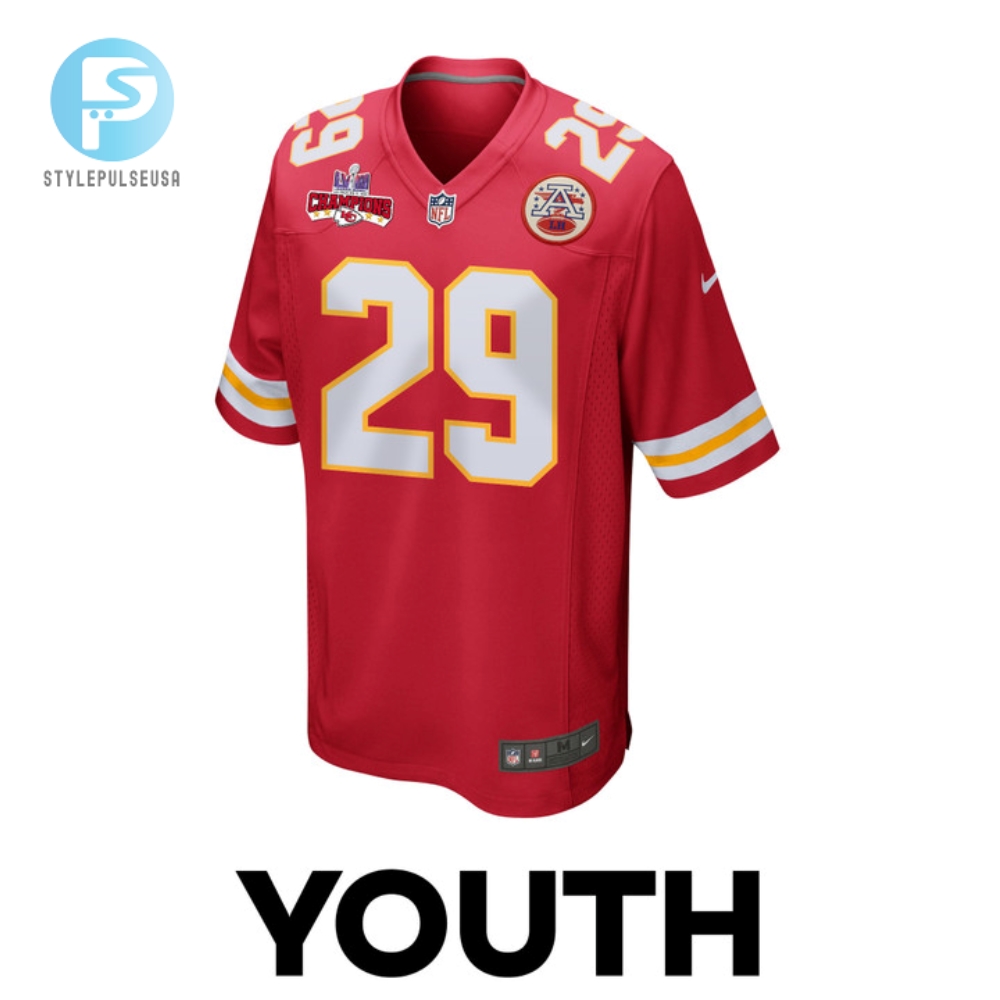 Lamical Perine 29 Kansas City Chiefs Super Bowl Lviii Champions 4 Stars Patch Game Youth Jersey  Red 