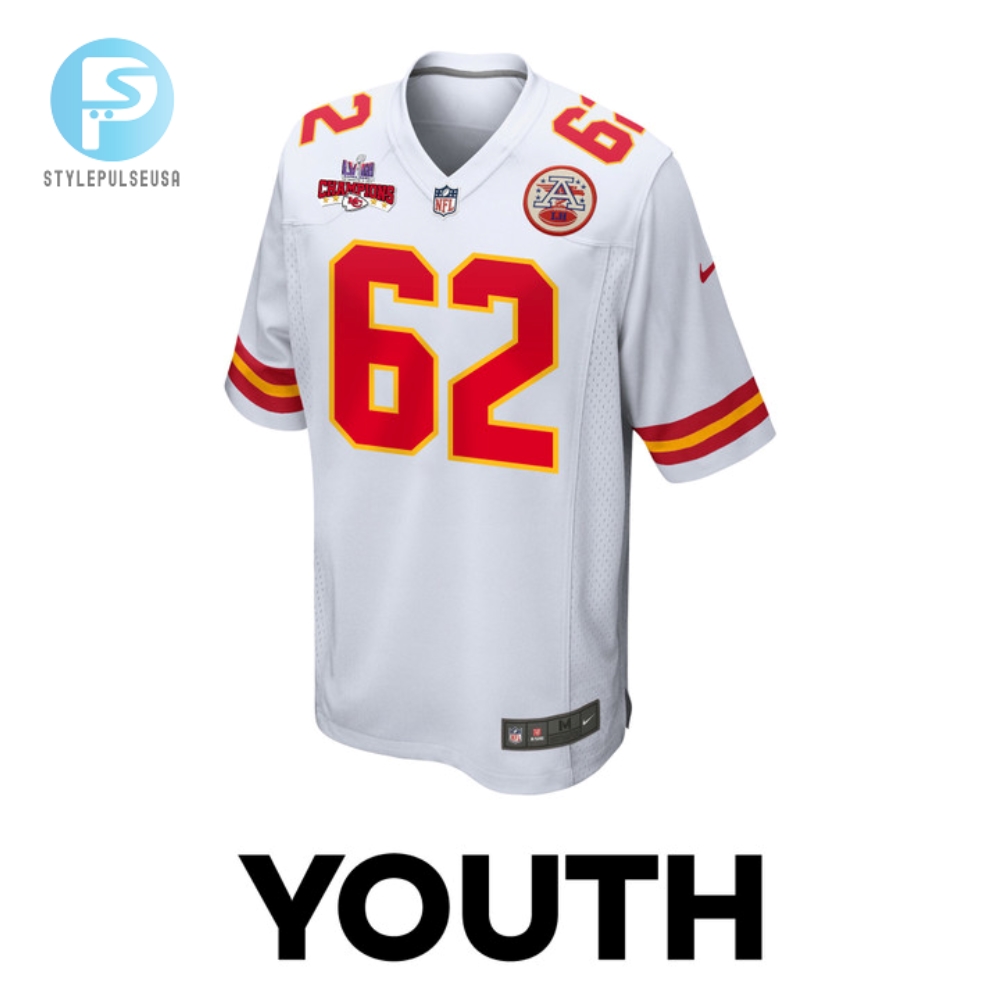 Joe Thuney 62 Kansas City Chiefs Super Bowl Lviii Champions 4 Stars Patch Game Youth Jersey  White 