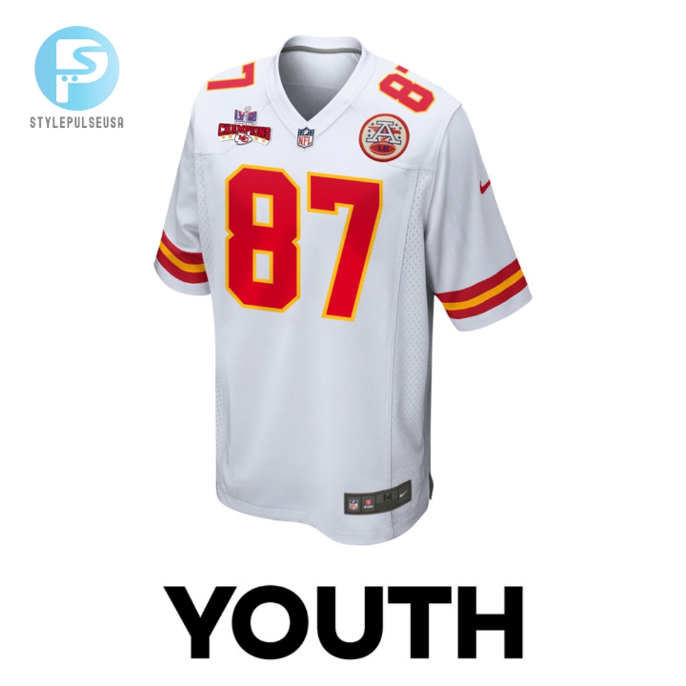 Travis Kelce 87 Kansas City Chiefs Super Bowl Lviii Champions 4 Stars Patch Game Youth Jersey  White 