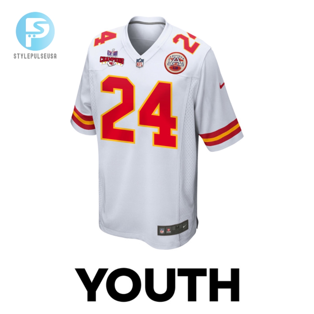 Skyy Moore 24 Kansas City Chiefs Super Bowl Lviii Champions 4 Stars Patch Game Youth Jersey  White 