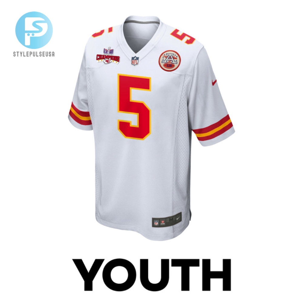 Tommy Townsend 5 Kansas City Chiefs Super Bowl Lviii Champions 4 Stars Patch Game Youth Jersey  White 