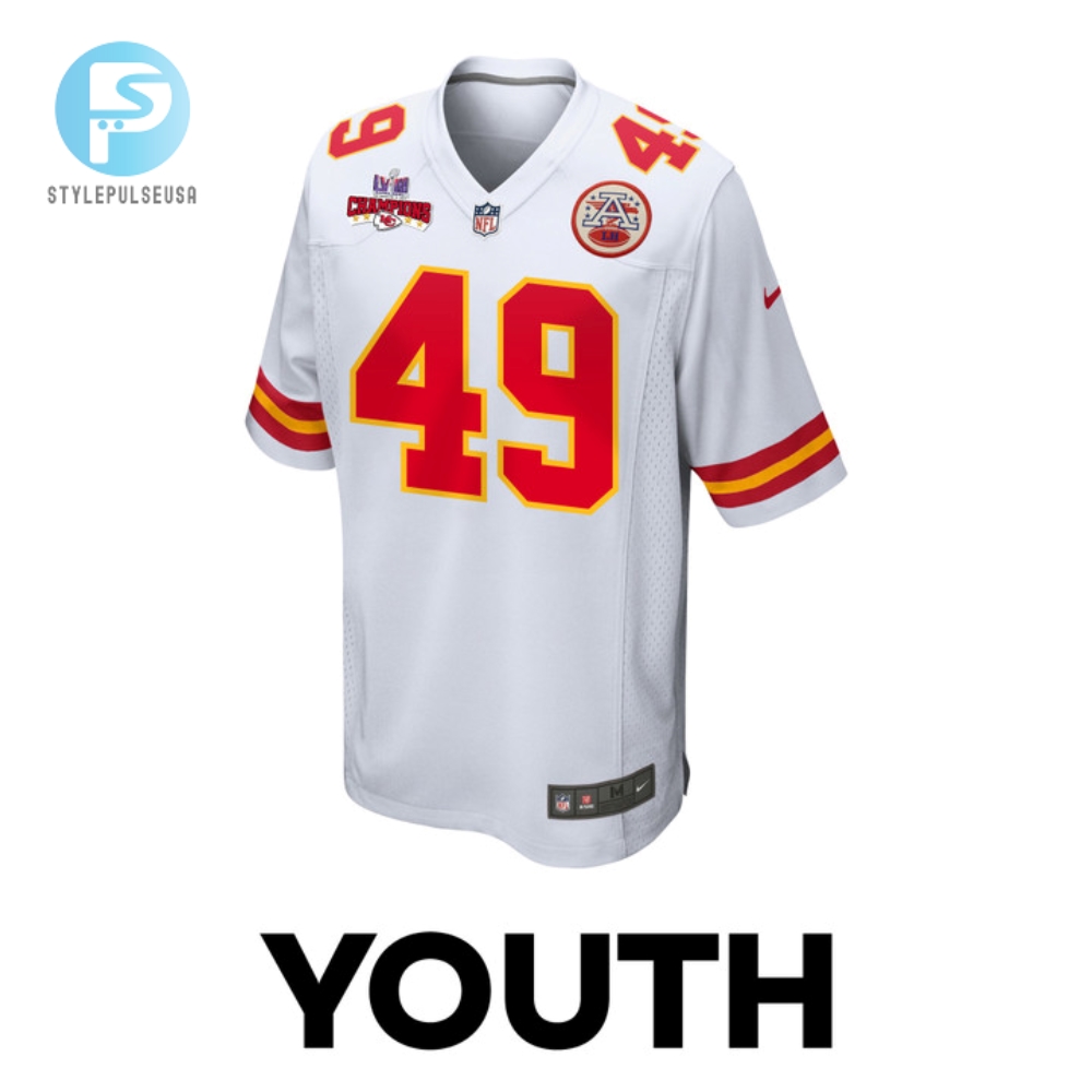 Matt Bushman 49 Kansas City Chiefs Super Bowl Lviii Champions 4 Stars Patch Game Youth Jersey  White 