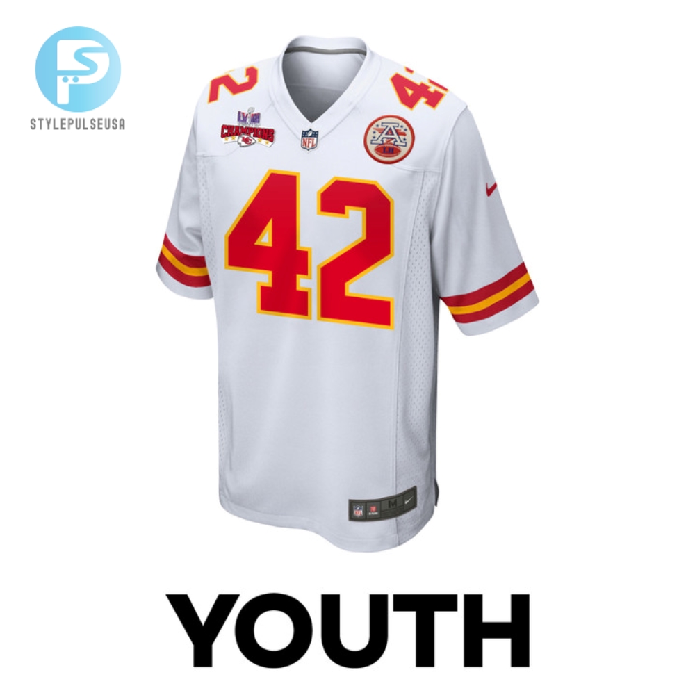 Tyree Gillespie 42 Kansas City Chiefs Super Bowl Lviii Champions 4 Stars Patch Game Youth Jersey  White 