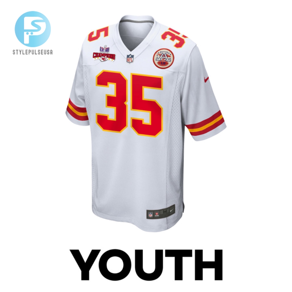 Jaylen Watson 35 Kansas City Chiefs Super Bowl Lviii Champions 4 Stars Patch Game Youth Jersey  White 