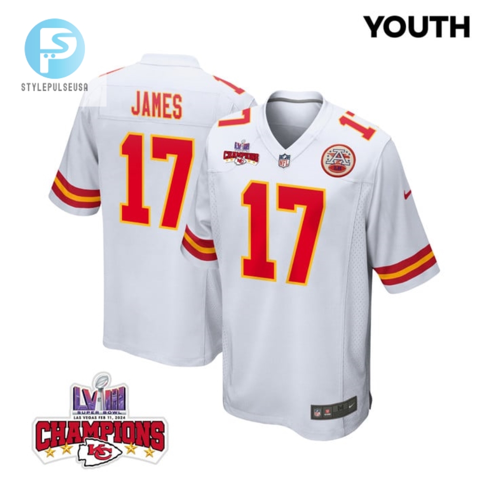 Richie James 17 Kansas City Chiefs Super Bowl Lviii Champions 4 Stars Patch Game Youth Jersey White stylepulseusa 1