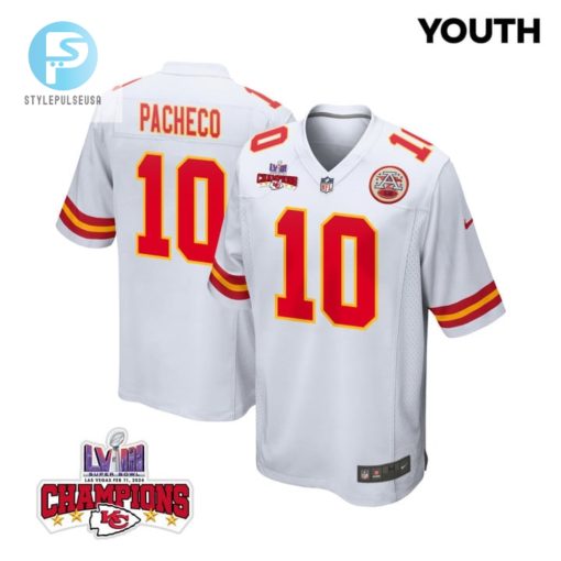 Isiah Pacheco 10 Kansas City Chiefs Super Bowl Lviii Champions 4 Stars Patch Game Youth Jersey White stylepulseusa 1